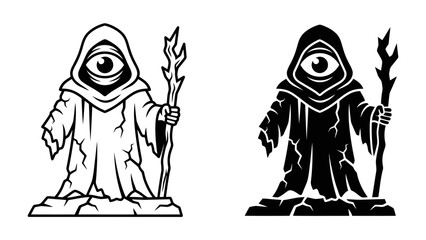Mysterious Oracle Illustration: A robed figure with a single, all-seeing eye and a gnarled staff stands on a rocky outcrop, depicted in both black and white and silhouette versions. © hasnat