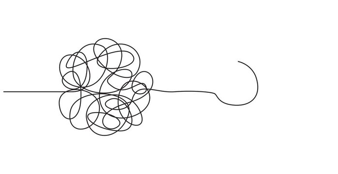 Self drawing animation of continuous one line drawing Chaotically tangled line and untied knot in form of circle. Full length single line animation, minimalist pro vector untied knot in form of circle
