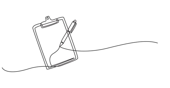 Video. Simple clipboard line with checklist and pen, pencil, to-do list, testing and reporting concepts. Animation on white background. 4K, Clipboard with checklist and pen Continuous line draw Full.