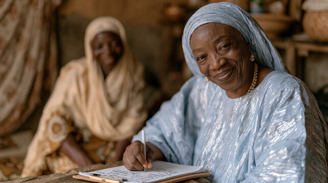 Nigerian cooperative loan officer conducting a home visit for a community development lending assessment, clipboard notes, modest living room, trust-based microfinance process
