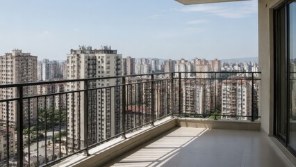 Fototapeta premium Empty high-rise balcony with metal railings overlooking a dense urban cityscape of apartment buildings under a hazy blue sky on a clear day, underscoring the apartments