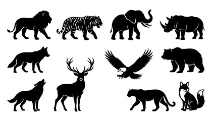 Animals Silhouettes Including Lion, Tiger, Elephant, Rhino, Wolf, Deer, Eagle, Bear, Leopard, and Fox © MstMomotaz