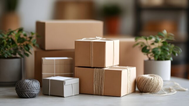Stacked kraft paper boxes tied with twine on a light surface surrounded by potted plants and spools of string