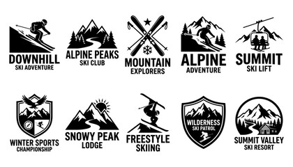 Mountain Ski Adventure Emblems Set with Skis, Riders, Trees, Shields, and Badges Featuring Sporty Illustrated Text © MstMomotaz