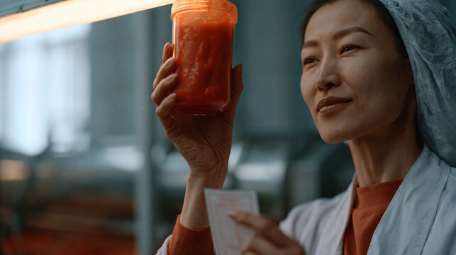 Kazakh food factory quality control analyst holds a glass container of tomato paste up to a fluorescent inspection lamp, grading color and consistency against a printed standard