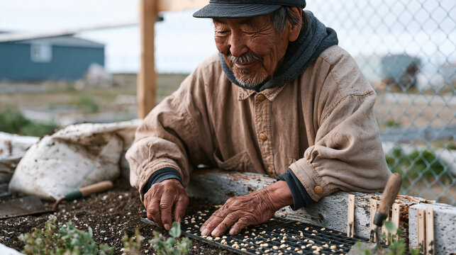 Retired Inuit man pressing seed modules into raised garden bed built from reclaimed sleeper wood, soil bag propped at bed end, hand trowel and marker stakes beside planting grid,