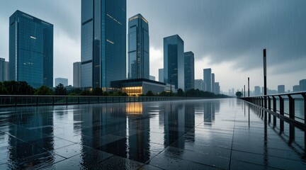 Obraz premium Modern cityscape with tall glass buildings under heavy rainfall. Wet pavement reflects lights and architecture. Gloomy, overcast sky adds dramatic mood.