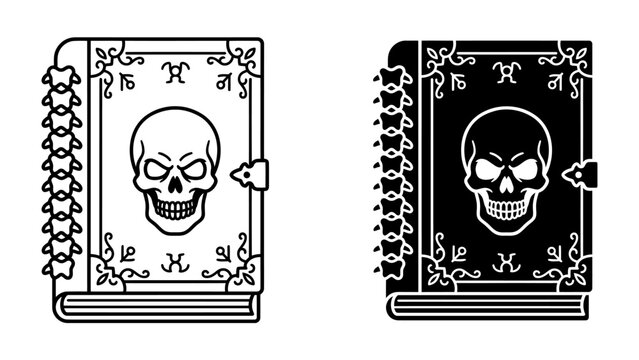 Mystical Grimoire: An ancient, ornate book adorned with a skull emblem, symbolizing dark magic and hidden knowledge. This illustration depicts a spellbook.