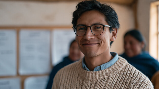 Peruvian behavioral economics student presenting nudge policy prototypes in a community health clinic, paper mock-ups on a board, local residents reviewing prompts, participatory