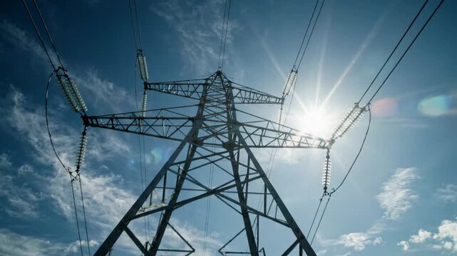 High voltage electricity pylon transmitting green energy under a bright blue sky with sun flare.