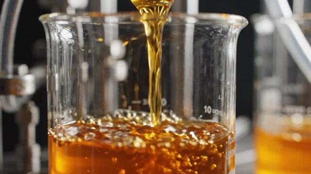 Macro shot of golden biofuel pouring into a glass beaker in a laboratory setting.