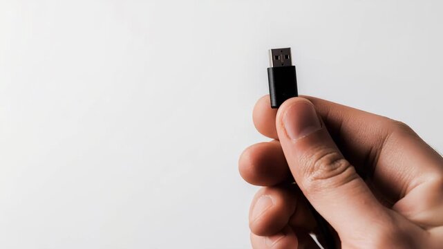 Hand holds black USB cable connector against clean white background with large copyspace, showing portable electronics, charging accessory, data transfer and minimalist technology product display