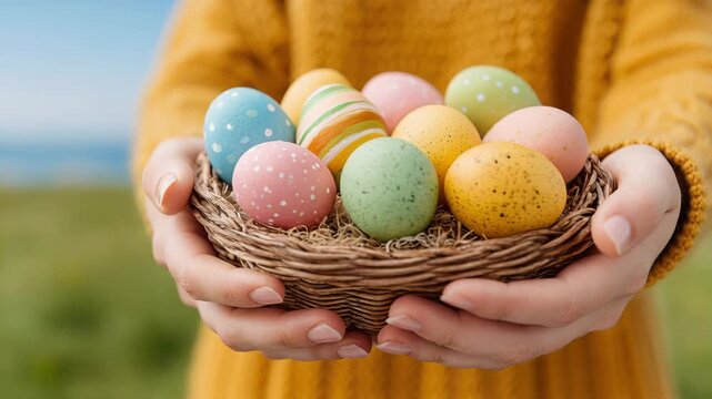 Hands hold wicker basket filled with pastel speckled Easter eggs outdoors with soft green background, showing spring holiday tradition, family celebration and seasonal greeting use for festive cards