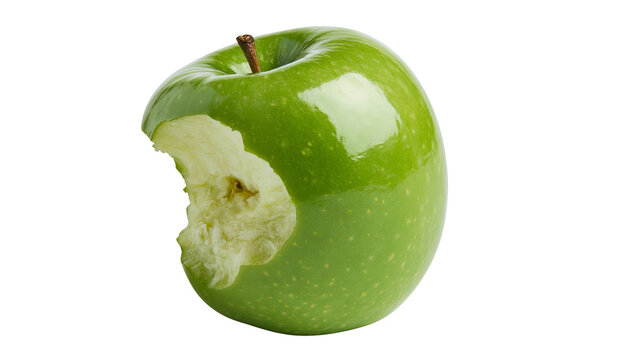 Green apple with bite mark showing white flesh and seeds