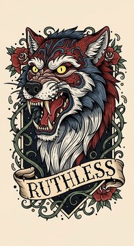 Fierce Tattoo Style Wolf Head Snarling Among Roses and Banner on Beige Background