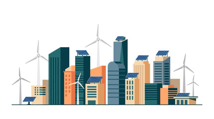 Obraz premium Eco-friendly city skyline with wind turbines and solar panels