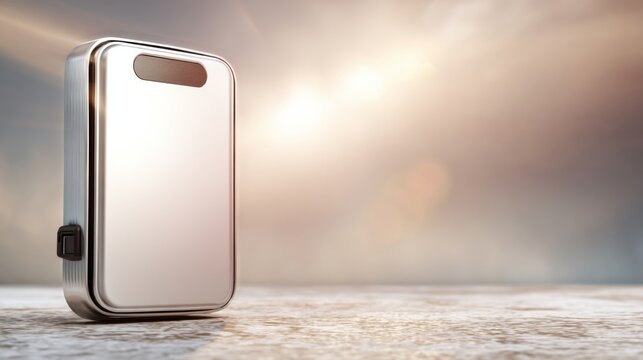Compact external hard drive in silver, showcasing sleek modern technology on a textured surface with soft lighting