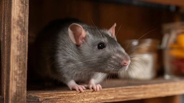 Gray rat peers from wooden shelf. Eyes narrow, whiskers twitch, nose twitching. Paws grip shelf edge, ears perked. Dark fur contrasts warm wood tones. Background jars blur, hinting kitchen setting