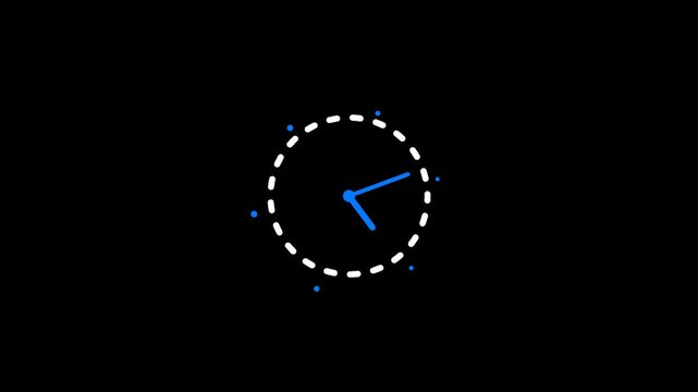 Minimalist 2D motion graphic animation of a simple clock with blue hands on black background