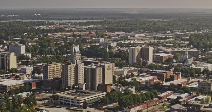 Augusta Georgia Aerial v42 zoomed birds eye view drone flyover and around downtown area capturing cityscape and riverwalk park along Savannah river - Shot with Mavic 3 Pro Cine - October 2023