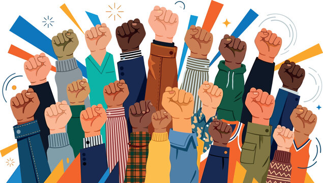 Diverse crowd of raised fists vector illustration representing multicultural unity human rights social justice revolution protest and community empowerment