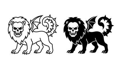 Mythical Beast Emblem: A striking depiction of a mythical creature, a lion-like beast with a skull for a face, bat wings, and a spiky tail, presented in both line art and silhouette form. © hasnat