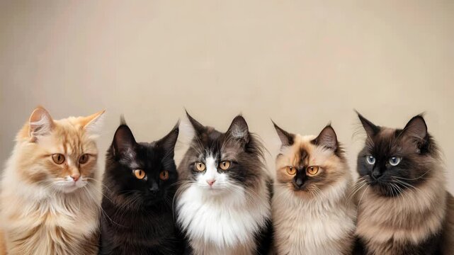 Five long haired domestic cats sit in a neat row against neutral beige background, showing fluffy coats, attentive faces and calm pet portrait composition for animal care and breeder theme use