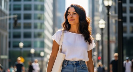 Fototapeta premium A beautiful brunette woman standing on a city street with tall office buildings in the background, looking away thoughtfully