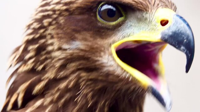 Close-up portrait of a majestic hawk opening its beak and turning to profile view. Detailed brown feathers and sharp gaze against a rustic concrete background.
