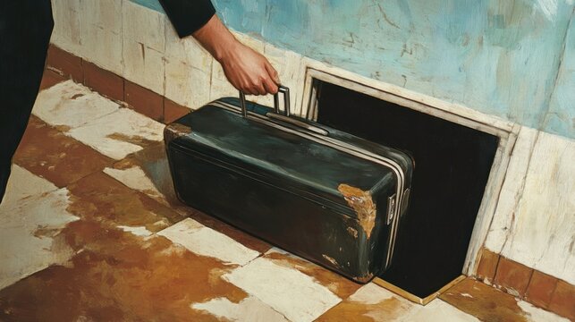 A weathered suitcase emerges from a hidden doorway