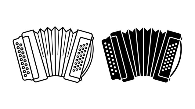 Accordion Icon Set: A pair of graphic representations of an accordion, one outlined and the other filled, showcasing the distinct bellows and buttonboard of the musical instrument.