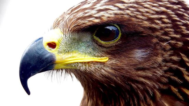 Close-up portrait of a majestic hawk opening its beak and turning to profile view. Detailed brown feathers and sharp gaze against a rustic concrete background.