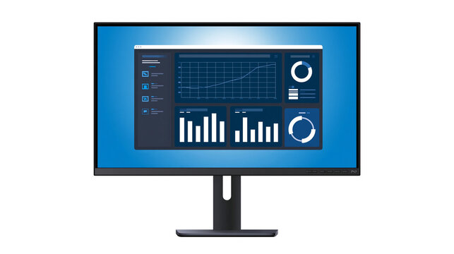 Computer monitor displaying financial data charts and graphs