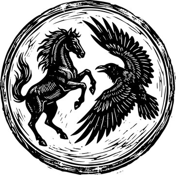 Vintage woodcut of a rearing horse and raven in a circular frame