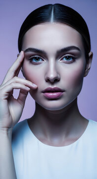 Portrait of a woman with porcelain skin, blue eyes, and dark hair, with a hand near her temple, suggesting thought or contemplation. Symbolizes beauty, elegance, and introspection.