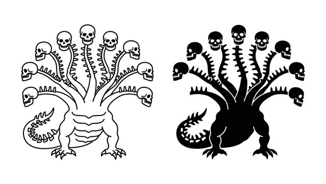 Hydra Creature of Skulls: A mythical hydra creature, depicted with multiple heads each bearing a skull, presented in both outline and silhouette form, representing a dark and formidable entity.