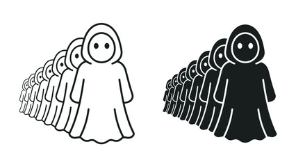 The Collective Identity: A striking graphic representation of a diverse group of people, shown in both outline and solid form, standing in unified formation. Evokes themes of conformity, community. © asad