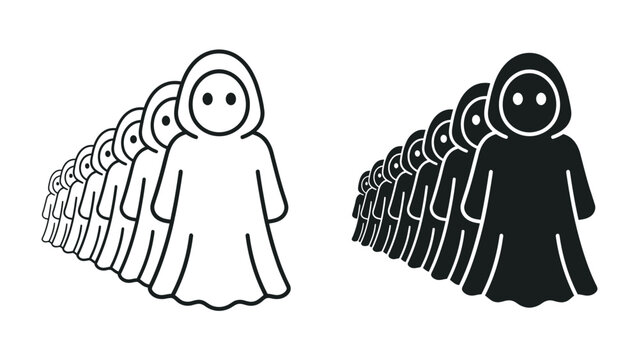 The Collective Identity: A striking graphic representation of a diverse group of people, shown in both outline and solid form, standing in unified formation. Evokes themes of conformity, community.