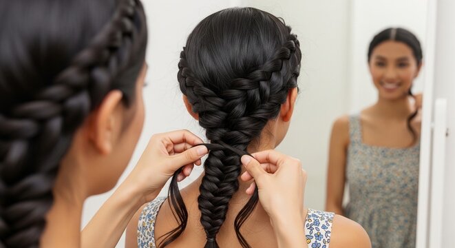 Back view of a woman getting her dark hair braided into a beautiful fishtail braid, with her smiling face visible in the mirror reflection
