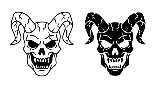 Demon Skull Icon: A sinister demon skull featuring menacing eyes and sharp fangs, adorned with formidable, cracked horns.