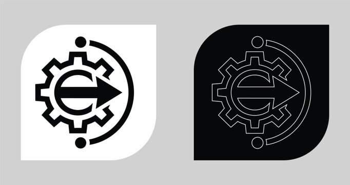 Industrial process optimization icon with a gear and forward arrow indicating manufacturing efficiency and workflow progression optimization manufacturing