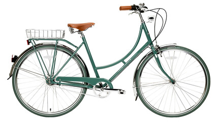 Green cruiser bicycle with brown leather seat and front basket © Patricia