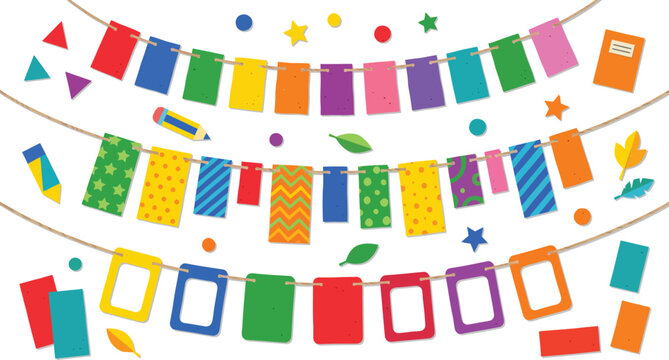 Colorful paper banners with various shapes and patterns strung on twine during a bright day