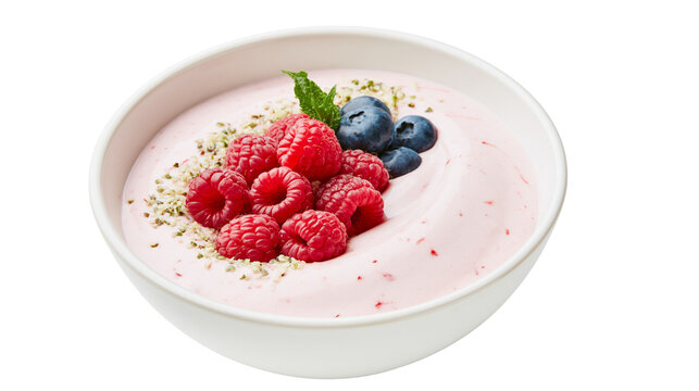 Pink yogurt bowl with raspberries blueberries mint, and hemp seeds