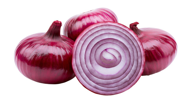 Red onions, one sliced in half showing concentric rings