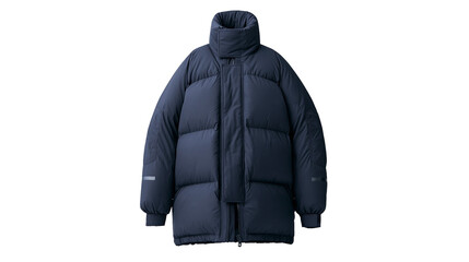 Navy blue puffer jacket with high collar and reflective details © Patricia