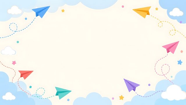 Cute background with colorful paper planes and clouds