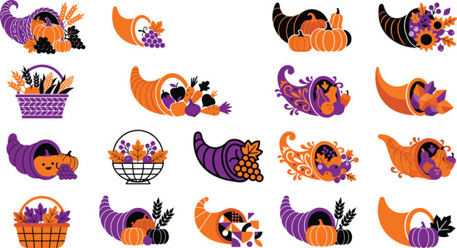 Cornucopia harvest bounty collection with pumpkins grapes and autumn leaves on white background
