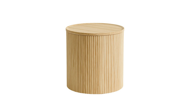 Cylindrical wooden side table with slatted texture