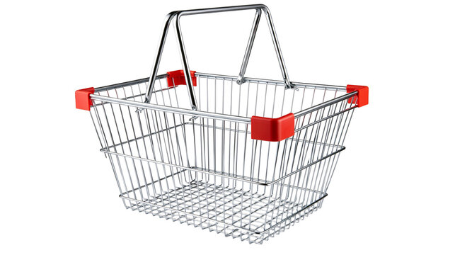 Metal shopping basket with red plastic handles
